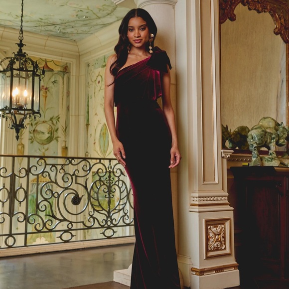 Betsy & Adam Dresses & Skirts - Red carpet ready! Betsy & Adam one shoulder bow velvet gown size 12